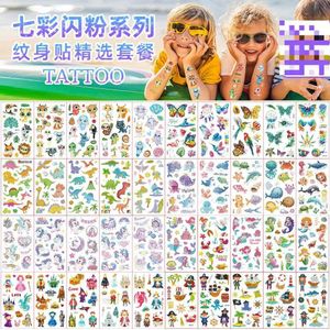 Tattoo Transfer 10pcs Childrens Cartoon Glitter Tattoo Sticker Cool Party Holiday Holiday Gift Temporary Unicorn Mermaid Pirate Face Stick 240427