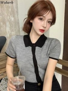 Kvinnors T -skjortor Y2K Vintage för kvinnor Kontrast Färg Tshirts Crop Tops Casual Fashion Sticked Summer Korean Tees 2024 Ropa Mujer