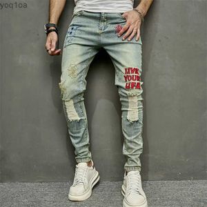 Men's Jeans Mens Retro Style Embroidery Tear Hip Hop Ultra Thin Pencil Jeans Mens Elastic Hole Casual Jeans TrousersL2404