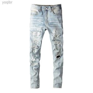 Men's Jeans Mens crystal hole tear patch work jeans street clothing light blue denim ultra-thin pencil pants TrousersL244