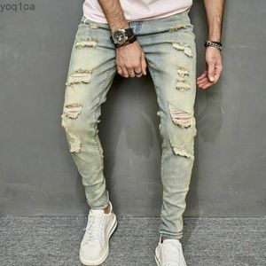 Men's Jeans Spring mens retro open front tight pencil jeans pants hip-hop fashion hole mens high street ultra-thin casual denim TrousersL2404