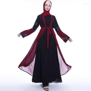 Sıradan Elbiseler 2024 Sınır ötesi kadın giyim pullu dikiş dış bornoz Dubai Müslüman Şifon hırka Maxi Elbise Kimono