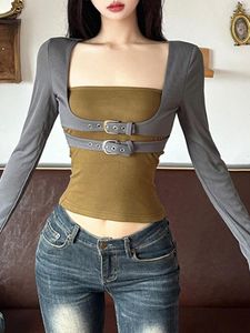 Kvinnors t skjortor sexig midja trimning kort amerikansk t-shirt stilig långärmad hjärtkontrast färg inslagna bröstväst smala topp för