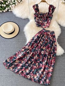 Mulheres de verão Retro Retro Floral Print Conjunto de saia sexy sem mangas curtas Tops saia plissada de cintura alta 240415