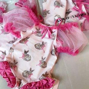 Lovely girls one-piece Swimsuit kids rabbit printed swimming children lace gauze puff sleeve beach pool Bathing Suits Z7905