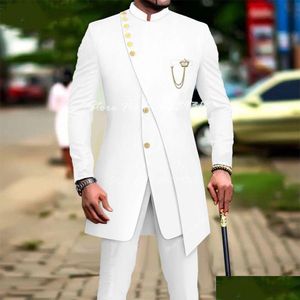 Мужские костюмы Blazers Mens White Luxury for Men Slim Fit Prom Prom Part Wedding Groomsmen Suxedo Suxedo 2pcs Модный костюм Homme b dhed4