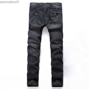 Men's Jeans Mens Plus size 28-42 vintage motorcycle long jeans pleated denim pants high street zipper high-quality mens brandL2404