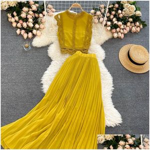 Two Piece Dress Purple/Yellow/Red Lace Chiffon Women Vintage Beach Party Sleeveless Short Tops Pleated Long Skirt Female 2Pcs Suit Dro Dhwrt