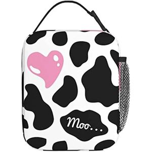 Black White Cow Print Pink Heart Cute Love Portable Lunch Bag Insulated Lunch Box Reusable Cooler Totes for Women Men Adults Kid 240423