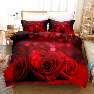 sets Red Rose White Backside Flower3Pcs Queen King Full Size Duvet Cover Bedding Linen Set 2 Seater Bedspread 200x200 240x220 160x200