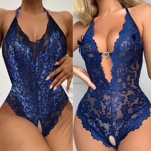 Women's Sleepwear One-Piece Open Bra Blue Crotchless Lingerie For Sex Lace Transparent Underwear Bodysuit Erotic Underwear Set Lenceria Mujer Sexi Y240426