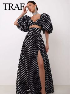 Traf Women Fashion Spirt Suit 2024 Spring Elegancki krótki rękaw kwadratowy szyjka kropki nadrukowane górne przeciętne spódnica 240418