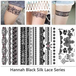 Tatuagem Transferência Sexy Hannah Black Flower Lace Jóias Design de Água Transferência de Água Imper impermeável Tattoo Tattoo para mulheres Arte do corpo Tatuagens falsas 240427