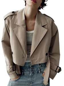 Women s Casual Cropped Trench Coat Lapel Long Sleeve Double Breasted Cardigan Windbreaker Jacket Outwear with Belt 240412