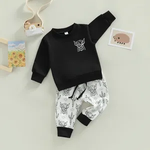 Kläder set barn baby pojke höstkläder långärmad rund nacktryck tröja tecknad nötkreaturbyxor byxor sportkläder