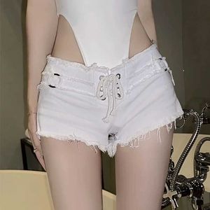 Women's Shorts 2024 New Summer Fashion Womens Sexy Low Waist Hole Ladies Denim Shorts Lace Up Jeans Y2k Shorts Y240425