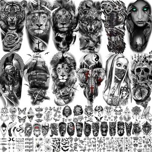 Tattoo Transfer 63 Sheets Tribal Wolf Lion Tiger Temporary Tattoos For Men Women Thigh Arm Fake Tattoo Sticker 3D Skull Gangster Tatoos Black 240426