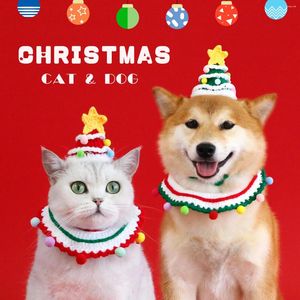 犬のアパレル2024ペットの手編みのクリスマスハットビブセット猫と蝶ネクタイアクセサリーカラー犬