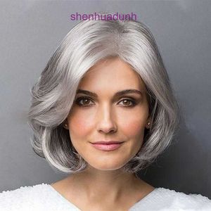 Peruca feminina peruca de meia-idade e idosa sintética Cabelo curto cacheado Vovó Cinza Prata Adequado para