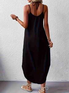 Basic Casual Dresses Solid Color Curvy Hem Cami Dress Sexy Sleeveless Spaghetti Strap Loose Maxi Dress Womens Clothing