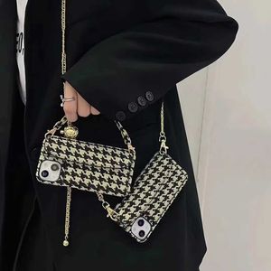 Cell Phone Cases Luxury Crossbody Lanyard Houndstooth Pattern 3D phone Case For iPhone 14 15 11 12 13 Pro Max Cover Handbag Golden Ball Lanyard J240426