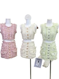 Women's O-neck Tweed Woolen Crop Top Vest and Mini Skirt Fashion Lion Button Sexy Hot Girls 2 Pc Dress Suit Summer Short Skirt Set