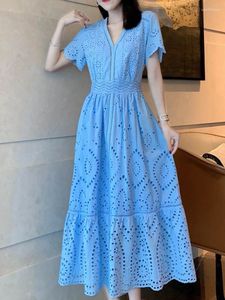 Party Dresses Gypsylady Floral Brodery Midi Dress Blue Vintage Chic Hollow out Sexy Boho Summer Women Holiday Ladies Vestidos