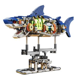 Bloklar Mekanik Köpekbalığı Bina Seti, Shark Sea Life Bina Blokları Ekran Stand ve Işıkları ile Set, Çocuklar ve Yetişkinler için Hediye Blok