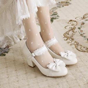 Casual Shoes Autumn Women's High Heels Sweet Lace Bow Princess Fashion Party Buckle Thick Ladies Wedding Pumps Size 32-48