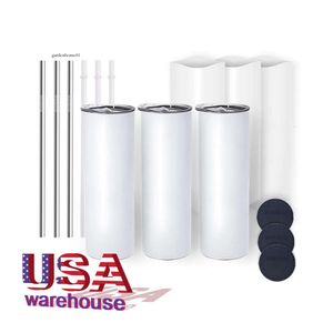 USA/CA Warehouse 20oz White Skinny Straight rostfritt stål sublimeringsblankter Tumbler med halm 0426