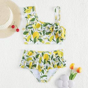 Roupas conjuntos de roupas para garotas de verão duas peças duas peças no ombro oblíquo traje infantil de biquíni floral biquíni