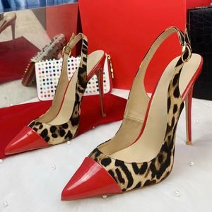 Klänningskor Doris Fanny Black Leopard Women Pointy Toe Red High Heel Slingback Pumps Sexy Stilettos Party