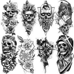 Tatueringsöverföring 3D Skull Rose Flower Tillfälliga tatueringar för kvinnor Män Geometri Tiger Compass Mandala Fake Tattoo Washable Body Art målning Tatoo 240427