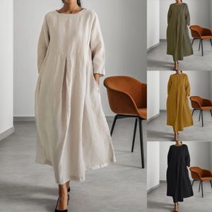 Elegant Soild Color Cotton Linen Midi Dress Long Sleeve O Neck Loose Fit Pocket Sundress Casual Beach Party Robe 240422