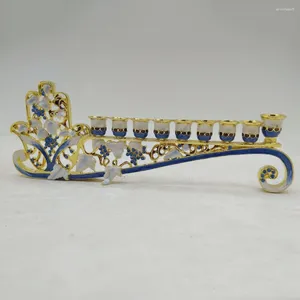 Candele Blue Enamel Menorah Candelabrum Pattern Floral Holder Party