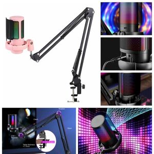 Microfones Condensador Microfone USB com Arm Stand articulado RGB Suspensão de luz colorida Redução de ruído colorido