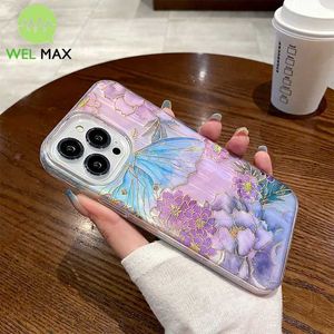 Mobiltelefonkisten lila Blumen Luxus Telefon Hülle Foriphone 14 13 12 11 Pro max gefärbt drei in einem schocksicheren weichen TPU Silicon ProtectiveCover J240426