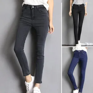 Calça feminina feminina algodão mistura jeans de altura cintura magra ajuste com barriga de controle de barriga bolsões de tornozelo sólido elástico macio para um