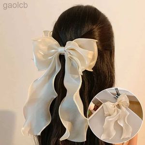 Hårklämmor Barrettes 2024 Koreanskt hårklipp Multi-Layer Pearlescent Ribbon Bow Spring Hairpins Womens Creative Chiffon Flickor Hårtillbehör 240426