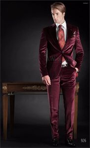 Men's Suits 2024 Burgundy Velvet Elegant Men Suit Slim Fit Tuxedo 2 Piece Blazer Sets Custom Prom Terno Masculino Costumes Pour Hommes