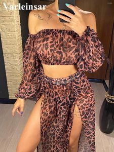 Leopard Off Shoulder Long Sleeve 2 Pieces Set Beach Cover Up Cover-ups Dress Wear Beachwear Female Women V3728SW