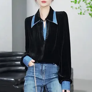 Women's Blouses Denim Stitching Velvet POLO Collar Shirt 2024 Autumn Korean Style Design Sense Long Sleeve Elegant Casual Top