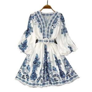 Casual Dresses Women Bohemian Dress 2023 Spring Summer Print Long Lantern Sleeve V Neck Corset Slim Button Pleated Vacation