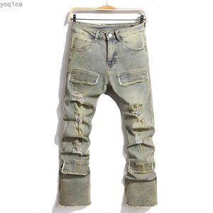 Mäns jeans Retro Style Mens Open Front Ultra-Thin Jeans Trousers Hip-Hop Hole fashionabla jeansl2404