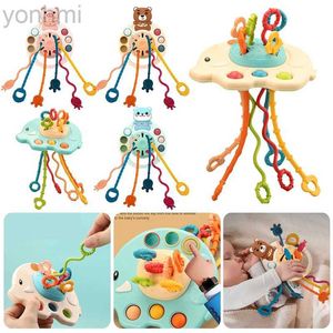 Mobiler# Montessori Baby Toys Crab Hand Finger Press Pull Toy Development Sensory Toys 6 12 månaders silikon tänder för baby rattle Toy D240426