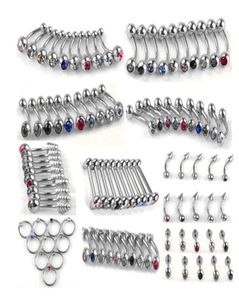 100st Set Punk Stainless Steel Crystal Tongue Belly Lip Eyebrow Nose Barbell Rings Body Piercing Smycken 10 Styles Accessories9142584