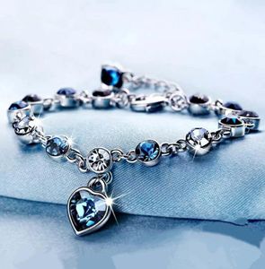 925 Sterling Silver Sapphire Armband för kvinnor Romantiska hjärtformade blå smycken Pulseira Feminina Kehribar Bizuteria Armband Y1312962