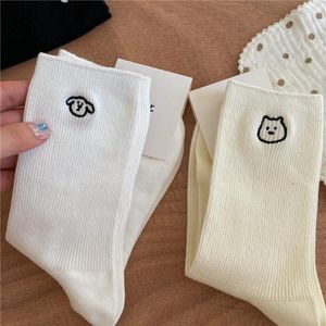 Women Socks SP&CITY Simple Embroidered Dog Cotton Women's Double Needle Comfortable Mid Tube College Thin Girl Daily