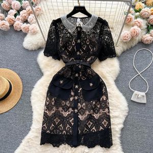 Vestidos de festa Hollow Out Crochet Black Lace Dress for Women Mini Vestidos de Fiesta Summer Runway Designer Borderyer Robes N858