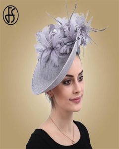 FS Fascinators Grey Sinamay Hat With Feather Fedora för kvinnor Derby Cocktail Party Bridal Ladies Church Hats 2208135961037